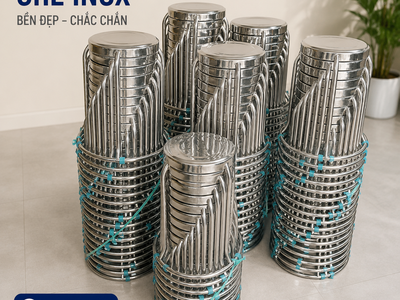 Bàn ghế inox đám cưới,bàn tròn inox 1m2, ghế inox tròn in logo 3