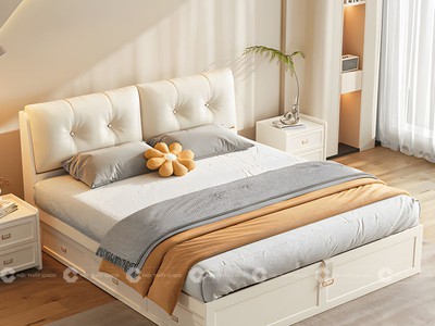 Giường Ngủ Gỗ Công Nghiệp Bọc Đầu Nệm Màu Trắng Có Hộc Kéo 2