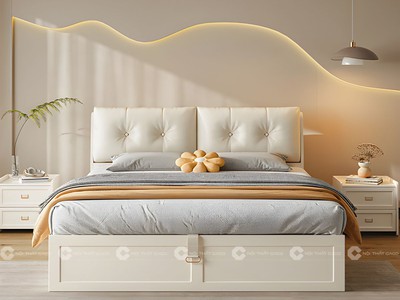 Giường Ngủ Gỗ Công Nghiệp Bọc Đầu Nệm Màu Trắng Có Hộc Kéo 1