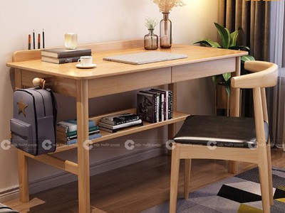 Bàn Làm Việc Tại Nhà Gỗ Tự Nhiên Kèm Kệ Sách Nhỏ Gọn 0