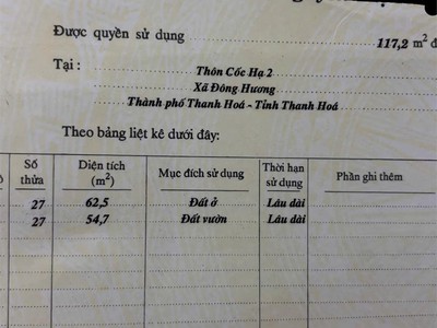 Cần tiền bán gấp lô đất 117m2 tại thôn cốc hạ 2, thanh hóa, giá đầu tư 1
