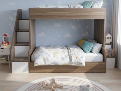 Giường Tầng Gỗ MDF Màu Nâu Sọc Vàng Hiện Đại, Đa Năng 0