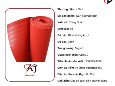 Thảm Cách Điện KENJI 5kV Dày 3mm Rãnh Màu Đỏ An Toàn Hạ Áp Chuẩn HG2949-1999 1